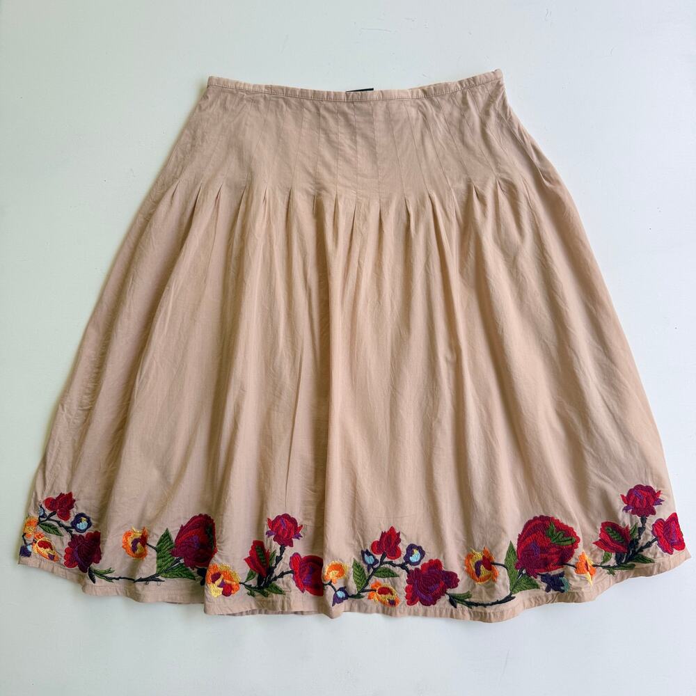 ALC Embroidered Pleated Cotton Cottagecore Midi Skirt Beige Tan Boho Size 12